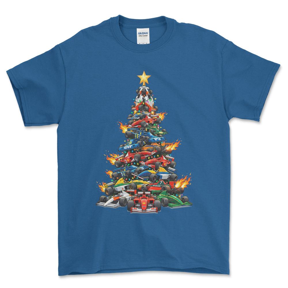 Formula 1 Juletræ Christmas Tree - Unisex T-Shirt-Beklædning-Formula 1-Blå Royal-S-Forside-Garage Culture Shop- garage - man cave - merchandise