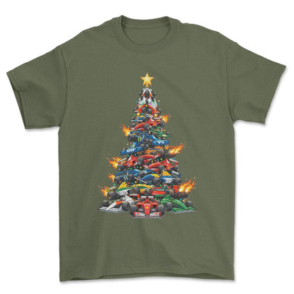 Formula 1 Juletræ Christmas Tree - Unisex T-Shirt-Beklædning-Formula 1-Grøn Militær-S-Forside-Garage Culture Shop- garage - man cave - merchandise