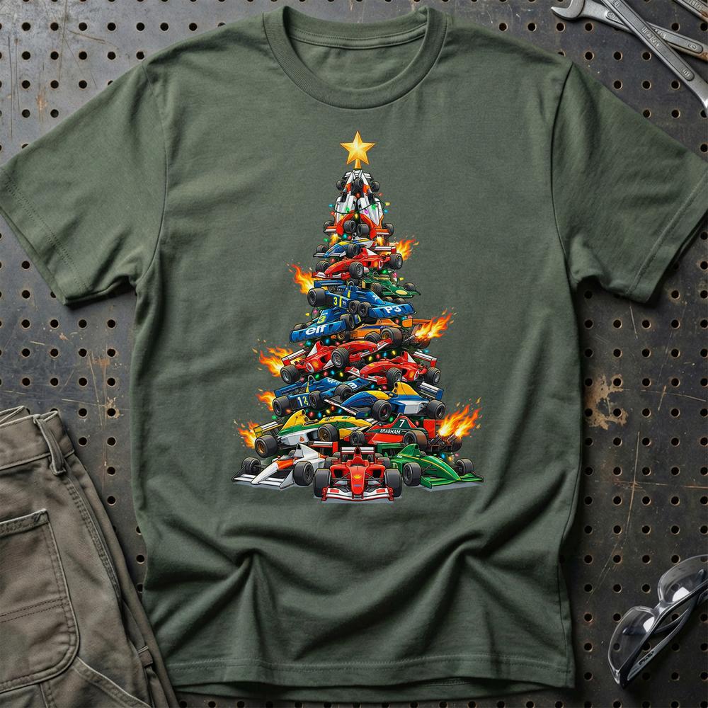 Formula 1 Juletræ Christmas Tree - Unisex T-Shirt-Beklædning-Formula 1-Grøn Militær-S-Garage Culture Shop- garage - man cave - merchandise