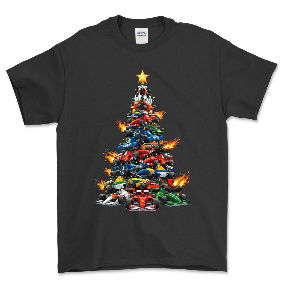 Formula 1 Juletræ Christmas Tree - Unisex T-Shirt-Beklædning-Formula 1-Sort-S-Forside-Garage Culture Shop- garage - man cave - merchandise