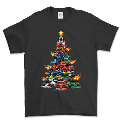 Formula 1 Juletræ Christmas Tree - Unisex T-Shirt-Beklædning-Formula 1-Sort-S-Forside-Garage Culture Shop- garage - man cave - merchandise
