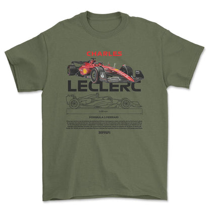Formula 1 Leclerc - Unisex T-Shirt , Bomuld-Beklædning-Formula 1-Grøn Militær-S-Forside-Garage Culture Shop- garage - man cave - merchandise