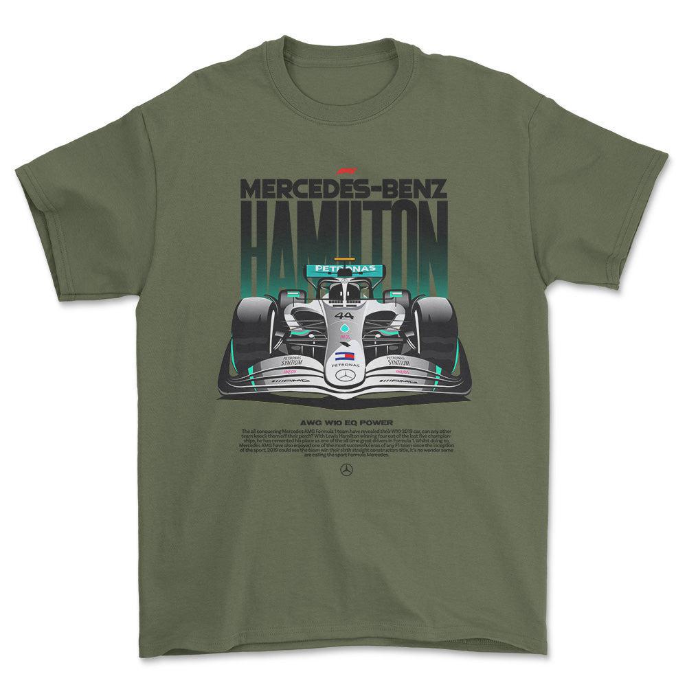Formula 1 Mercedes Benz Hamilton - Unisex T-Shirt , Bomuld-Beklædning-Formula 1-Grøn Militær-S-Forside-Garage Culture Shop- garage - man cave - merchandise