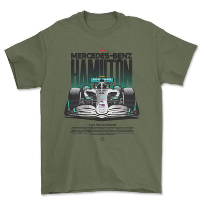 Formula 1 Mercedes Benz Hamilton - Unisex T-Shirt , Bomuld-Beklædning-Formula 1-Grøn Militær-S-Forside-Garage Culture Shop- garage - man cave - merchandise