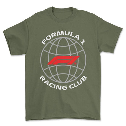 Formula 1 Racing Club - Unisex T-Shirt , Bomuld-Beklædning-Formula 1-Grøn Militær-S-Forside-Garage Culture Shop- garage - man cave - merchandise