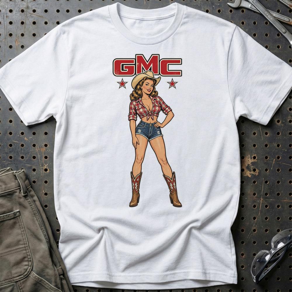 GMC Cowboy Pinup T-Shirt-Beklædning-GMC-Hvid-S-Garage Culture Shop- garage - man cave - merchandise
