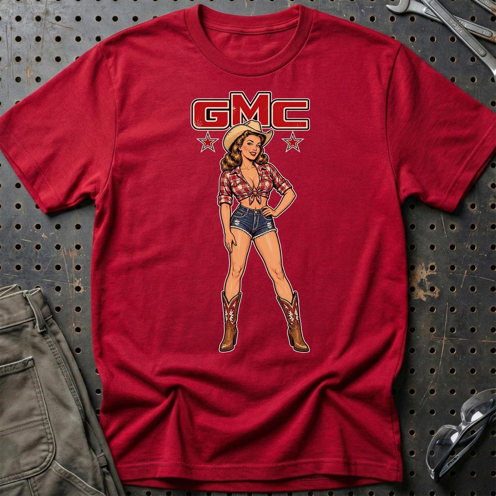 GMC Cowboy Pinup T-Shirt-Beklædning-GMC-Rød-S-Garage Culture Shop- garage - man cave - merchandise