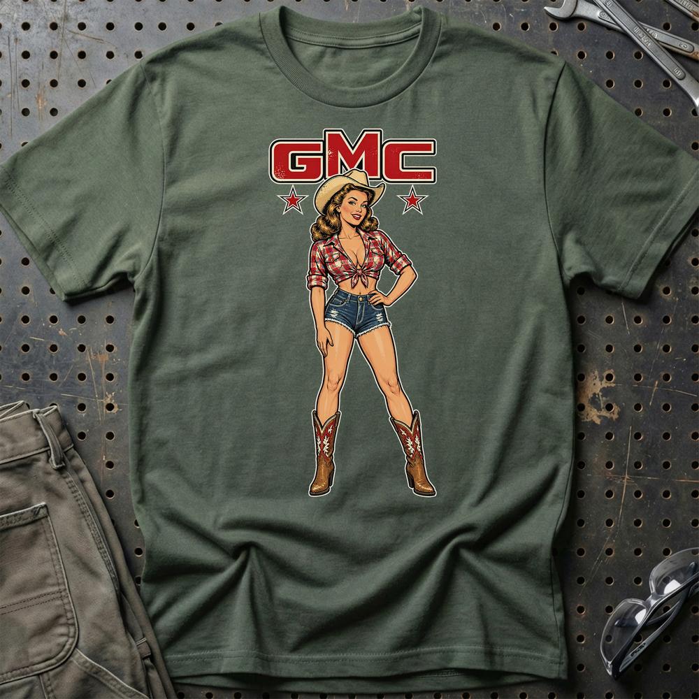 GMC Cowboy Pinup T-Shirt-Beklædning-GMC-Grøn Militær-S-Garage Culture Shop- garage - man cave - merchandise