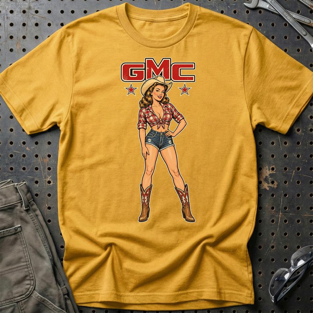 GMC Cowboy Pinup T-Shirt-Beklædning-GMC-Guld-S-Garage Culture Shop- garage - man cave - merchandise