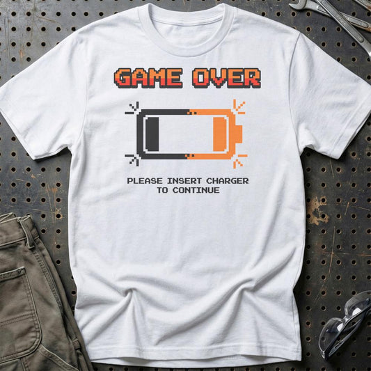 Game Over Please Insert Charger To Continue - Unisex T-Shirt , Bomuld-Beklædning-Garage Culture-Hvid-S-Garage Culture Shop- garage - man cave - merchandise