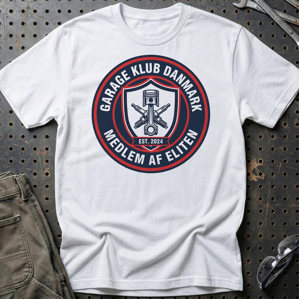 Garage Klub Danmark Medlem Af Eliten - Unisex T-Shirt , Bomuld-Beklædning-Garage Culture-Hvid-S-Garage Culture Shop- garage - man cave - merchandise