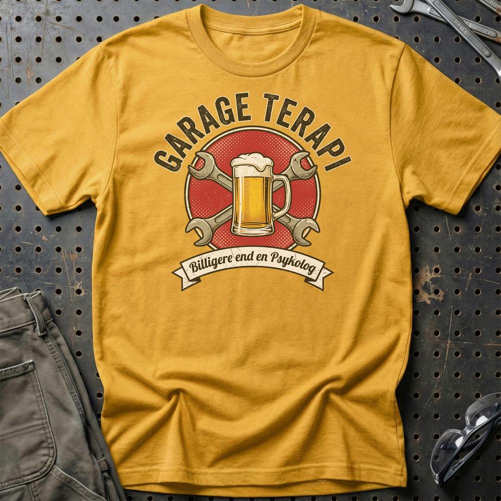 Garage Terapi Billigere End En Psykolog T-Shirt-Beklædning-Garage Culture-Guld-S-Garage Culture Shop- garage - man cave - merchandise