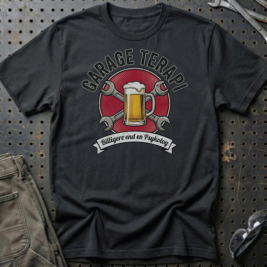 Garage Terapi Billigere End En Psykolog - Unisex T-Shirt , Bomuld-Beklædning-Garage Culture-Sort-S-Garage Culture Shop- garage - man cave - merchandise