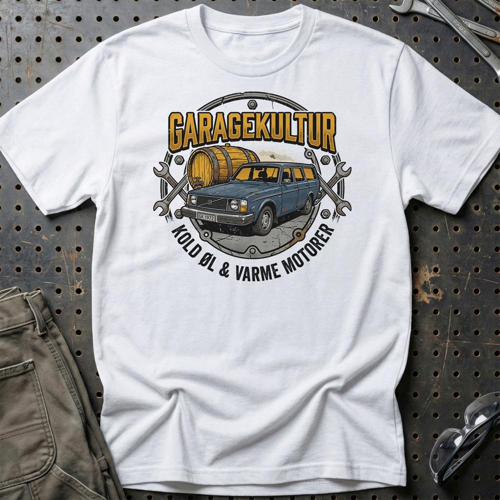 Garagekultur – Kold Øl & Varme Motorer - Unisex T-Shirt , Bomuld-Beklædning-Garage Culture-Hvid-S-Garage Culture Shop- garage - man cave - merchandise