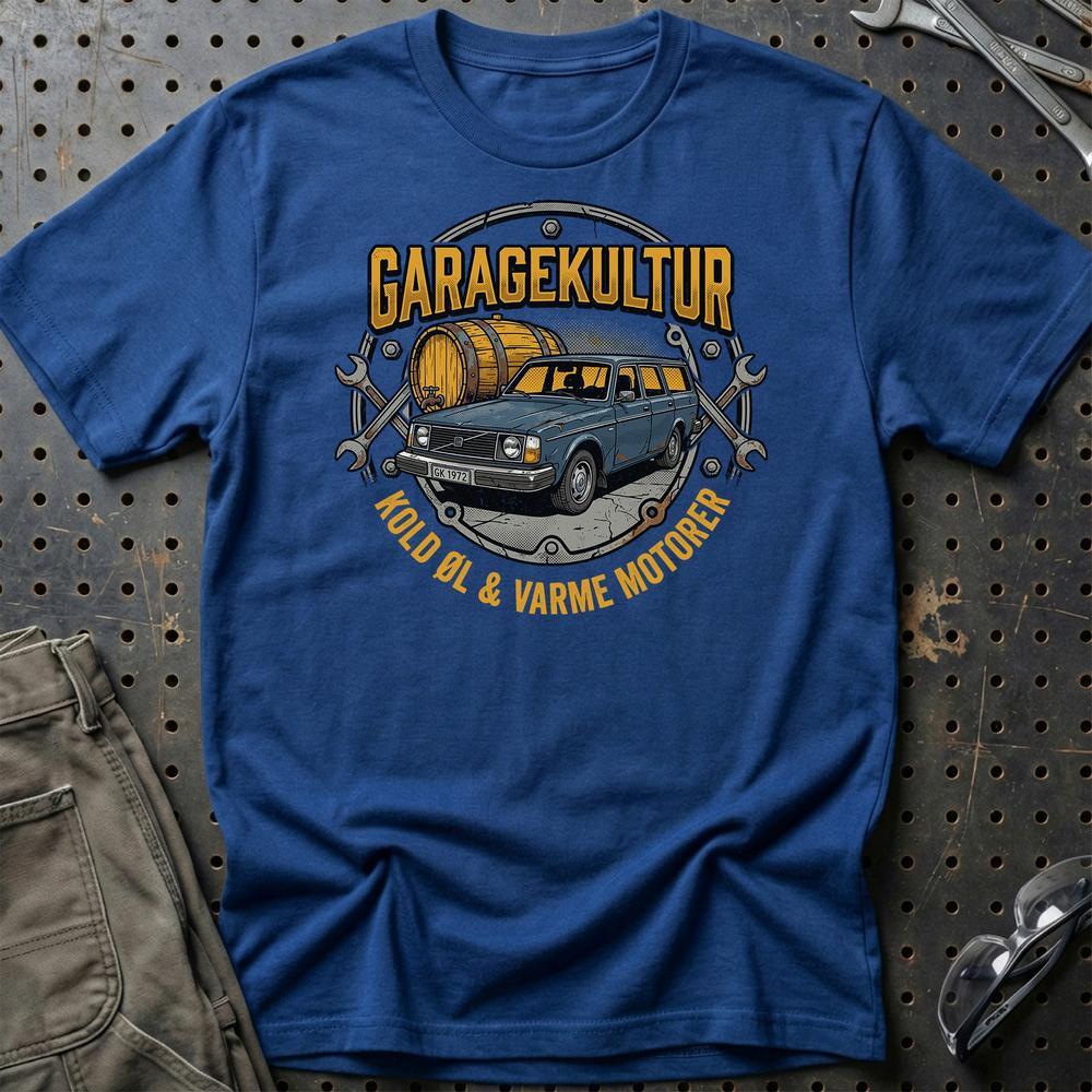 Garagekultur – Kold Øl & Varme Motorer - Unisex T-Shirt , Bomuld-Beklædning-Garage Culture-Blå Royal-S-Garage Culture Shop- garage - man cave - merchandise