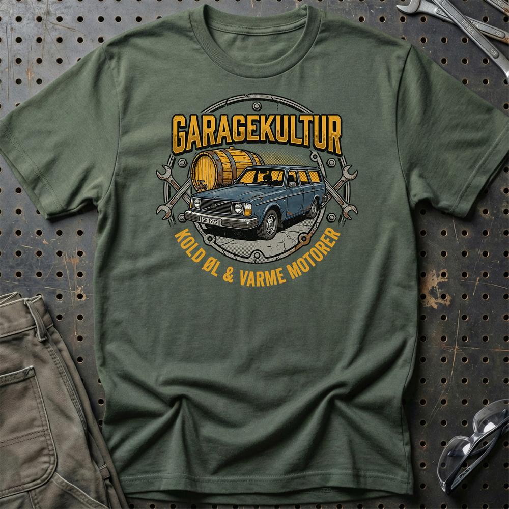 Garagekultur – Kold Øl & Varme Motorer - Unisex T-Shirt , Bomuld-Beklædning-Garage Culture-Grøn Militær-S-Garage Culture Shop- garage - man cave - merchandise