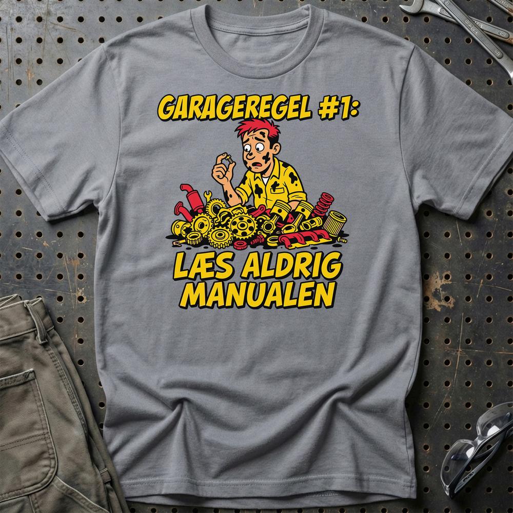 Garageregel #1 – Læs Aldrig Manualen - Unisex T-Shirt , Bomuld-Beklædning-Garage Culture-Grå Sport-S-Garage Culture Shop- garage - man cave - merchandise