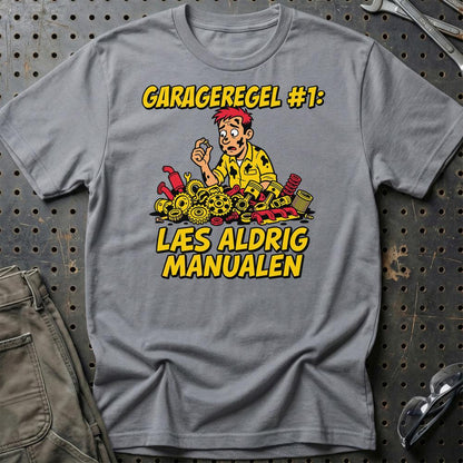 Garageregel #1 – Læs Aldrig Manualen - Unisex T-Shirt , Bomuld-Beklædning-Garage Culture-Grå Sport-S-Garage Culture Shop- garage - man cave - merchandise