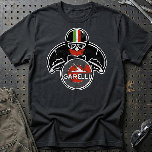 Garelli Biker Vintage Style Unisex T-Shirt , Bomuld-Beklædning-Garelli-Sort-S-Garage Culture Shop- garage - man cave - merchandise