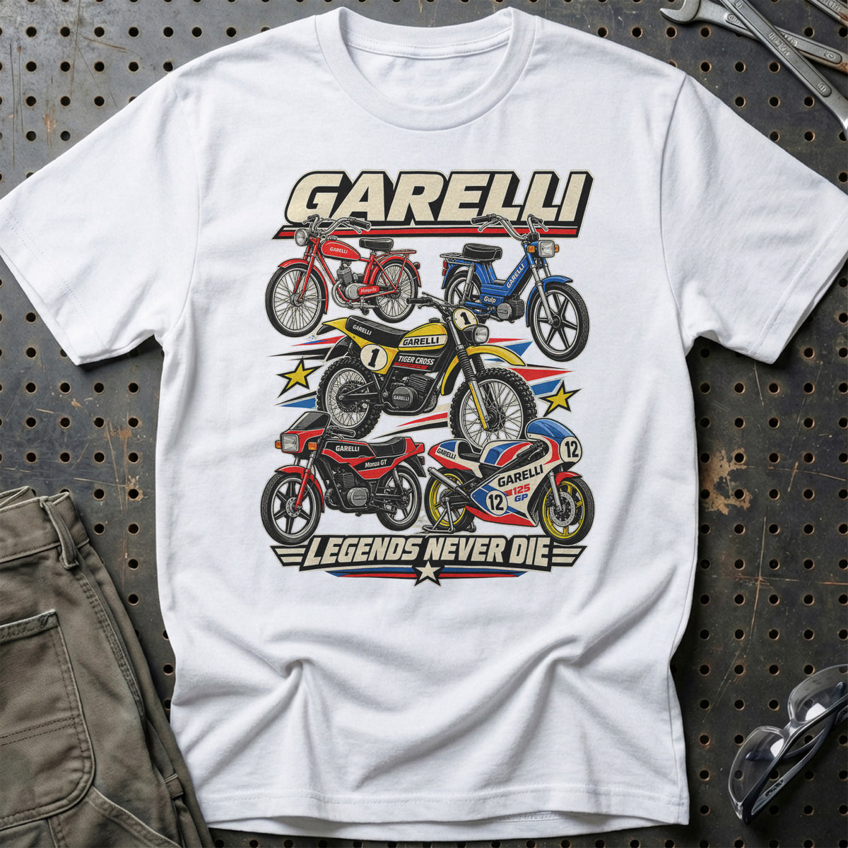 Garelli Legends Never Die T-Shirt-Beklædning-Garelli-Hvid-S-Garage Culture Shop- garage - man cave - merchandise