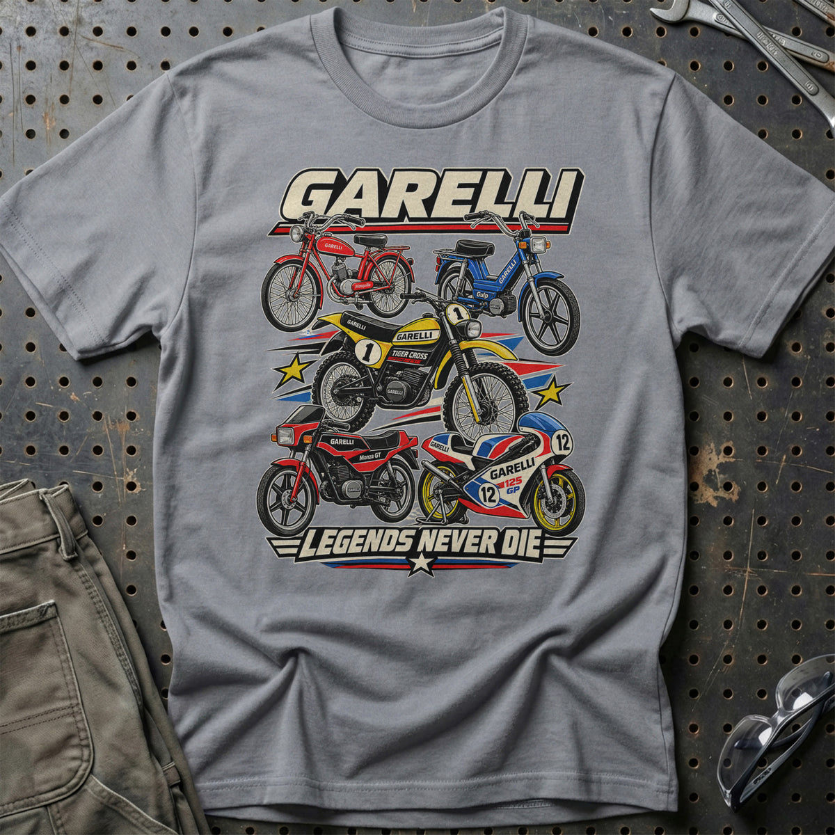 Garelli Legends Never Die T-Shirt-Beklædning-Garelli-Grå Sport-S-Garage Culture Shop- garage - man cave - merchandise