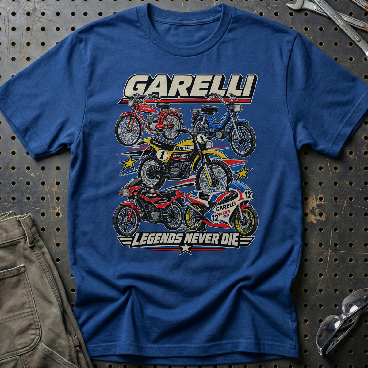 Garelli Legends Never Die T-Shirt-Beklædning-Garelli-Blå Royal-S-Garage Culture Shop- garage - man cave - merchandise