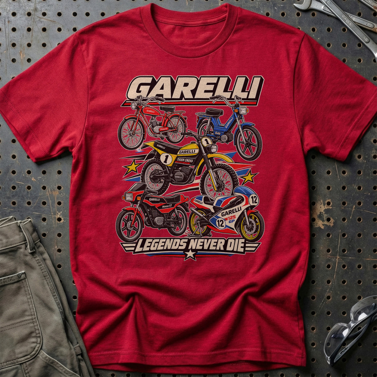 Garelli Legends Never Die T-Shirt-Beklædning-Garelli-Rød-S-Garage Culture Shop- garage - man cave - merchandise