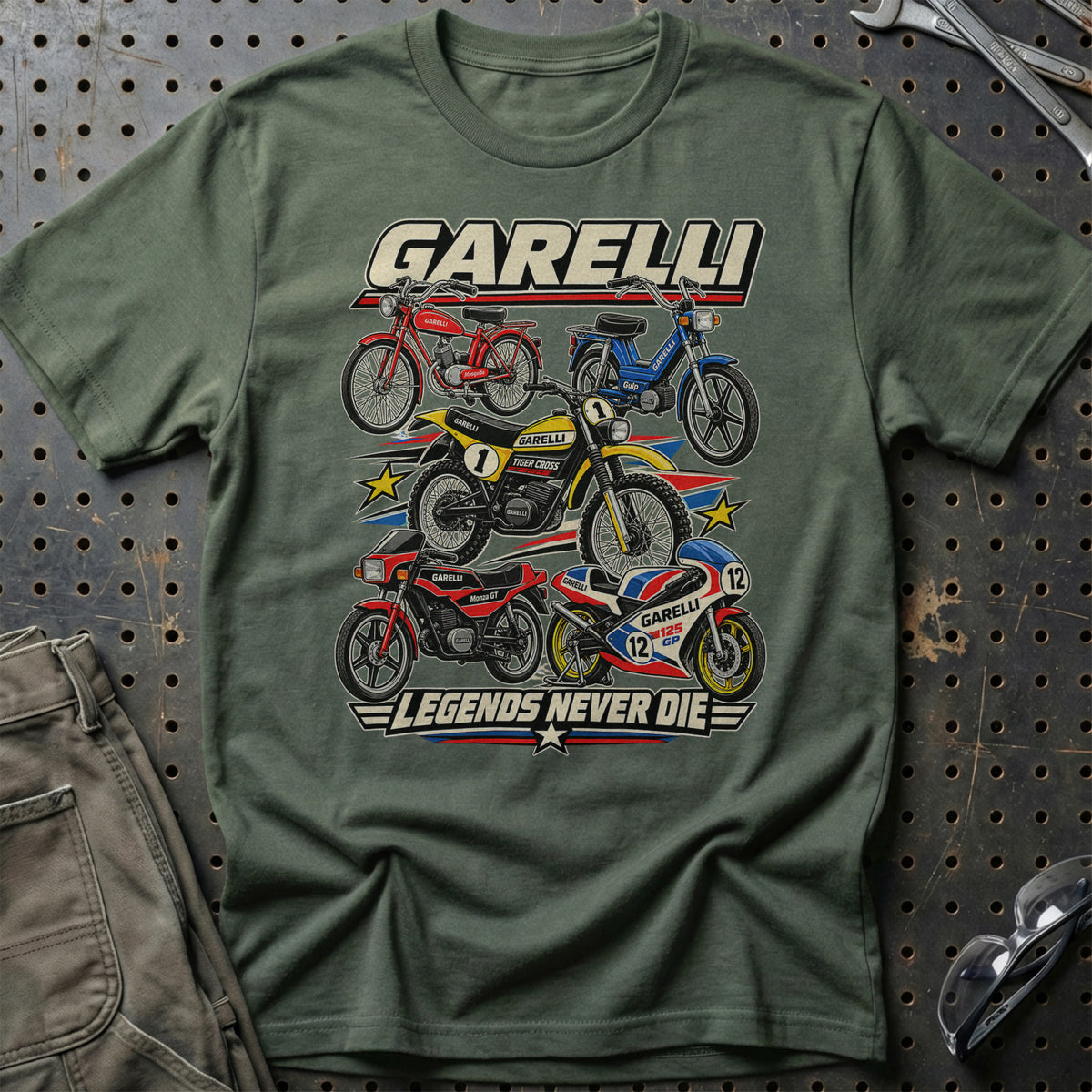 Garelli Legends Never Die T-Shirt-Beklædning-Garelli-Grøn Militær-S-Garage Culture Shop- garage - man cave - merchandise