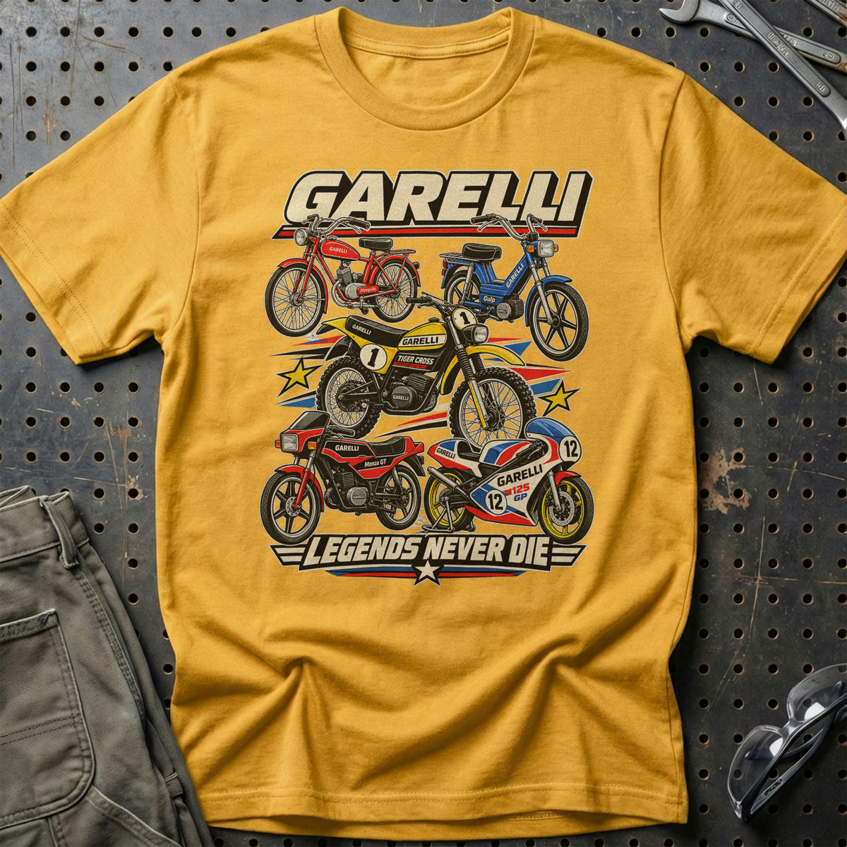 Garelli Legends Never Die T-Shirt-Beklædning-Garelli-Guld-S-Garage Culture Shop- garage - man cave - merchandise