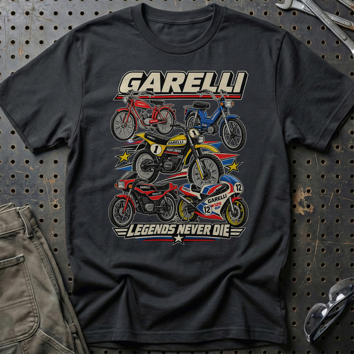 Garelli Legends Never Die T-Shirt-Beklædning-Garelli-Sort-S-Garage Culture Shop- garage - man cave - merchandise