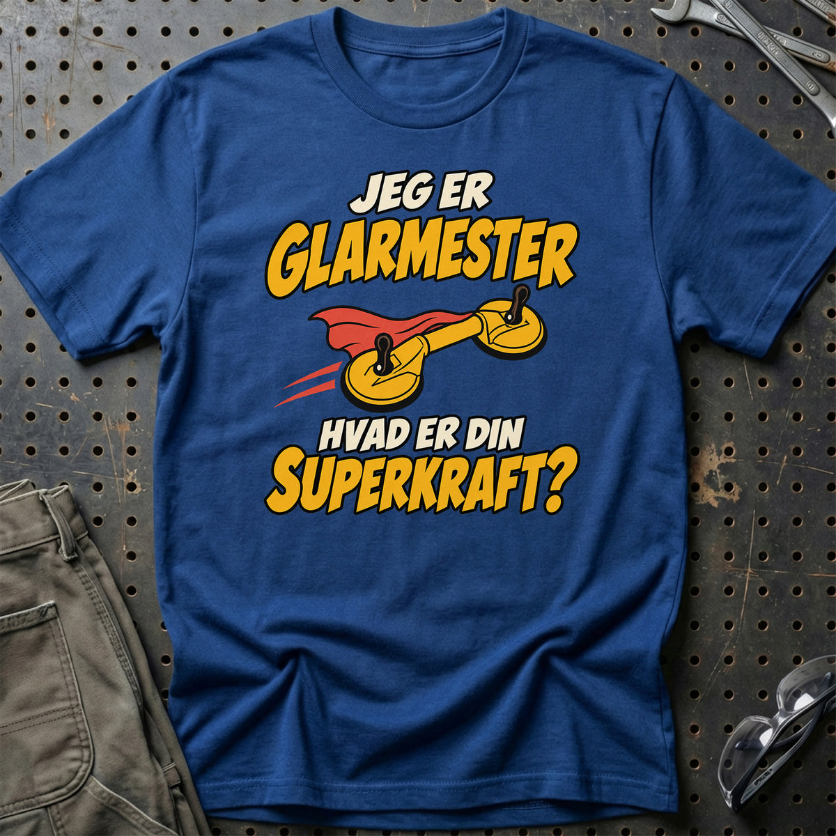 
Glarmester – Hvad er din superkraft? – Unisex T-Shirt – Blå Royal