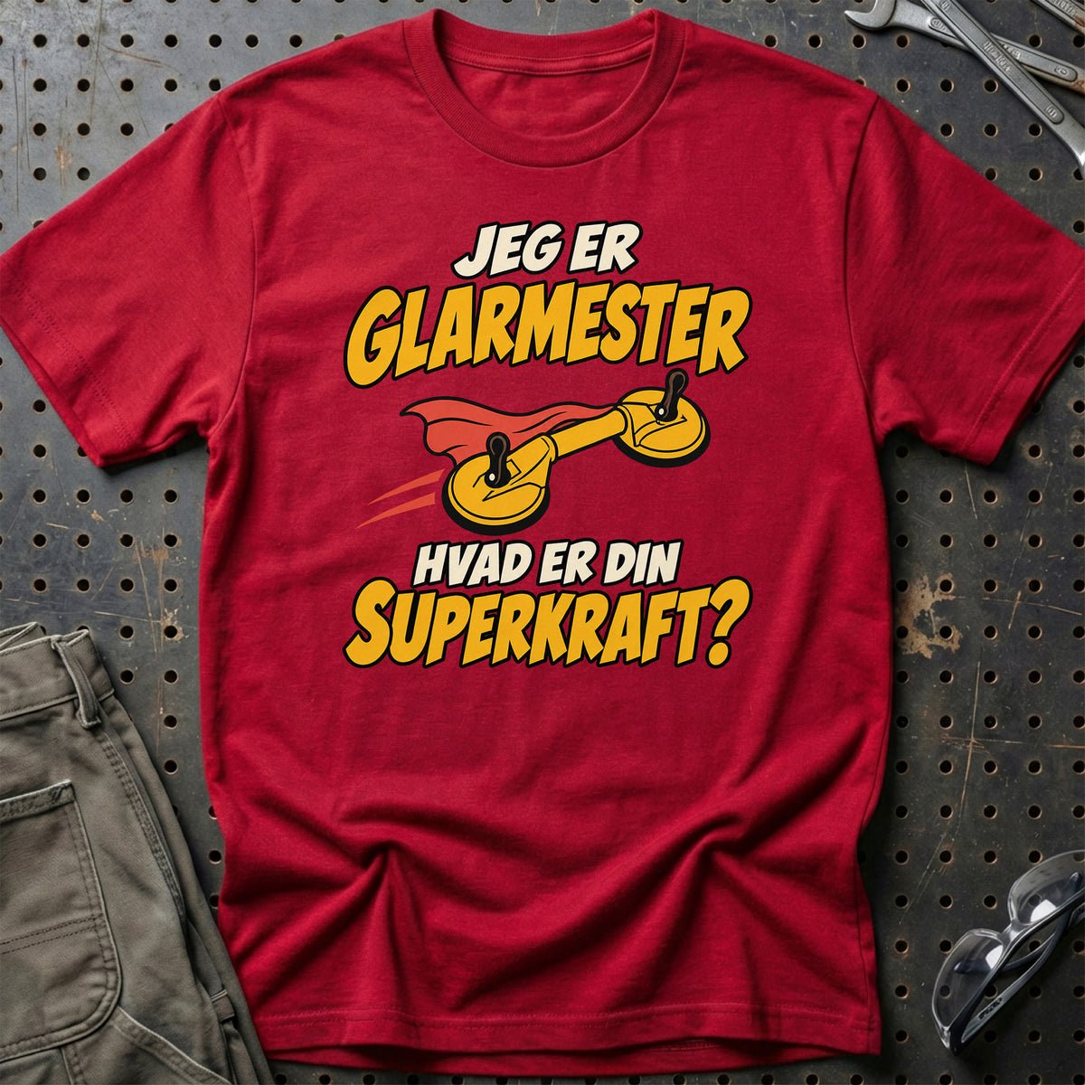 
Glarmester – Hvad er din superkraft? – Unisex T-Shirt – Rød