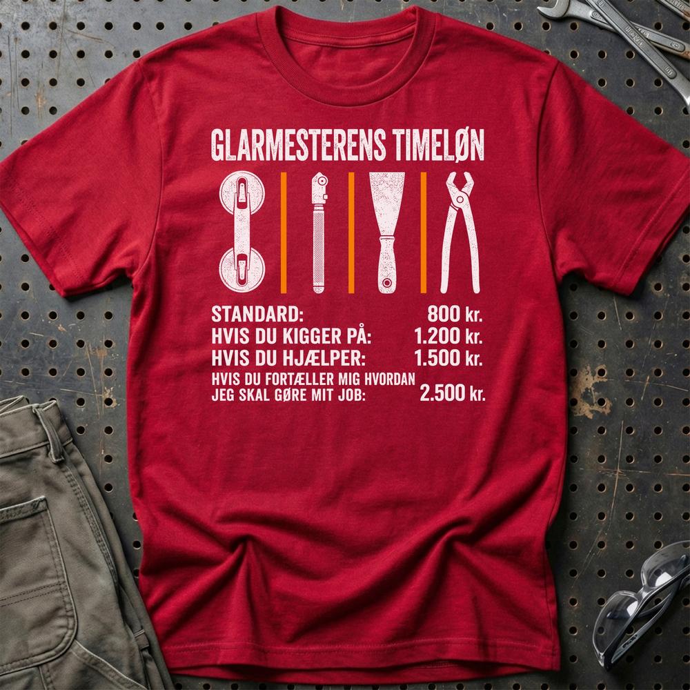 Glarmesterens Timeløn - Unisex T-Shirt , Bomuld-Beklædning-Garage Culture-Rød-S-Garage Culture Shop- garage - man cave - merchandise