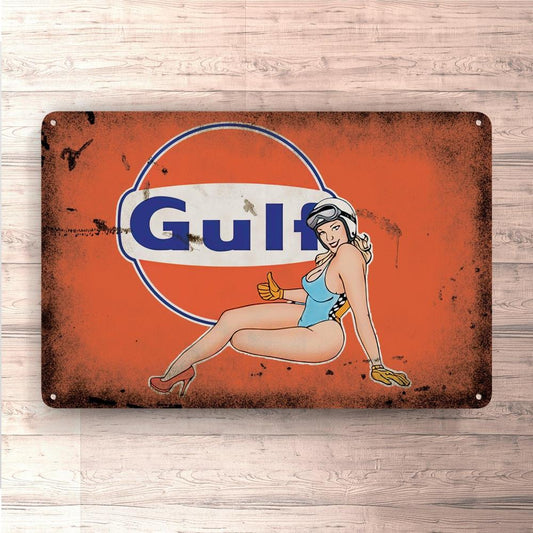 Gulf Pin-Up Vintage Skilte, Musemåtte, Dørmåtte-Skilte-Motorolie-Garage Culture Shop- garage - man cave - merchandise