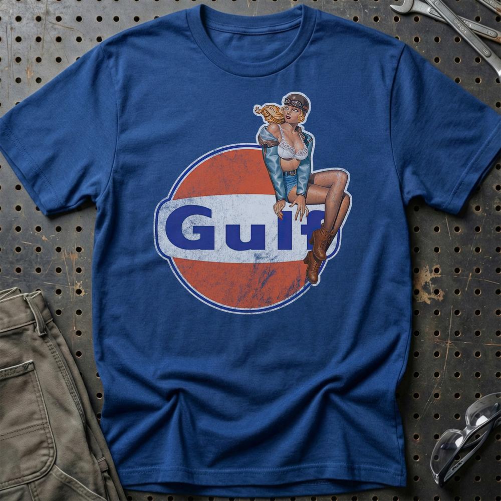 Gulf Pinup T-Shirt-Beklædning-Motoroil-Blå Royal-S-Garage Culture Shop- garage - man cave - merchandise