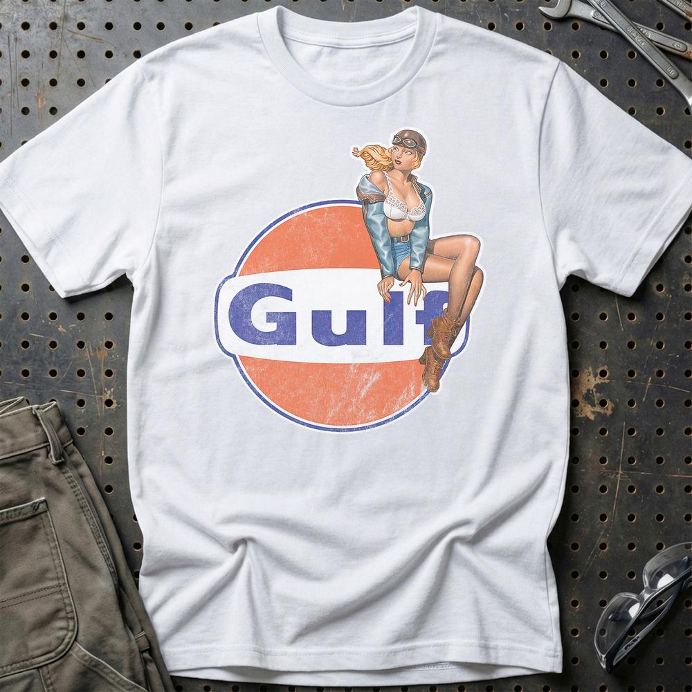 Gulf Pinup - Unisex T-Shirt , Bomuld-Beklædning-Motoroil-Hvid-S-Garage Culture Shop- garage - man cave - merchandise