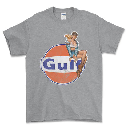 Gulf Pinup - Unisex T-Shirt , Bomuld-Beklædning-Motoroil-Grå Sport-S-Forside-Garage Culture Shop- garage - man cave - merchandise