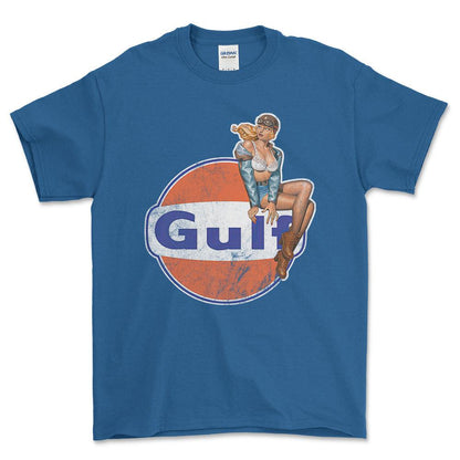 Gulf Pinup - Unisex T-Shirt , Bomuld-Beklædning-Motoroil-Blå Royal-S-Forside-Garage Culture Shop- garage - man cave - merchandise