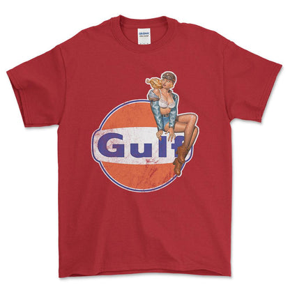 Gulf Pinup - Unisex T-Shirt , Bomuld-Beklædning-Motoroil-Rød-S-Forside-Garage Culture Shop- garage - man cave - merchandise
