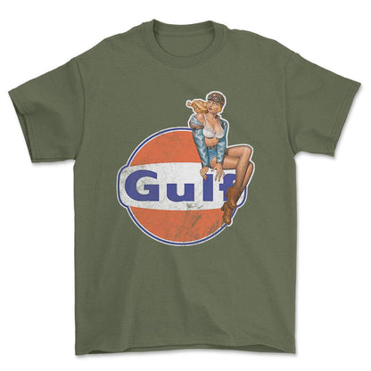 Gulf Pinup - Unisex T-Shirt , Bomuld-Beklædning-Motoroil-Grøn Militær-S-Forside-Garage Culture Shop- garage - man cave - merchandise