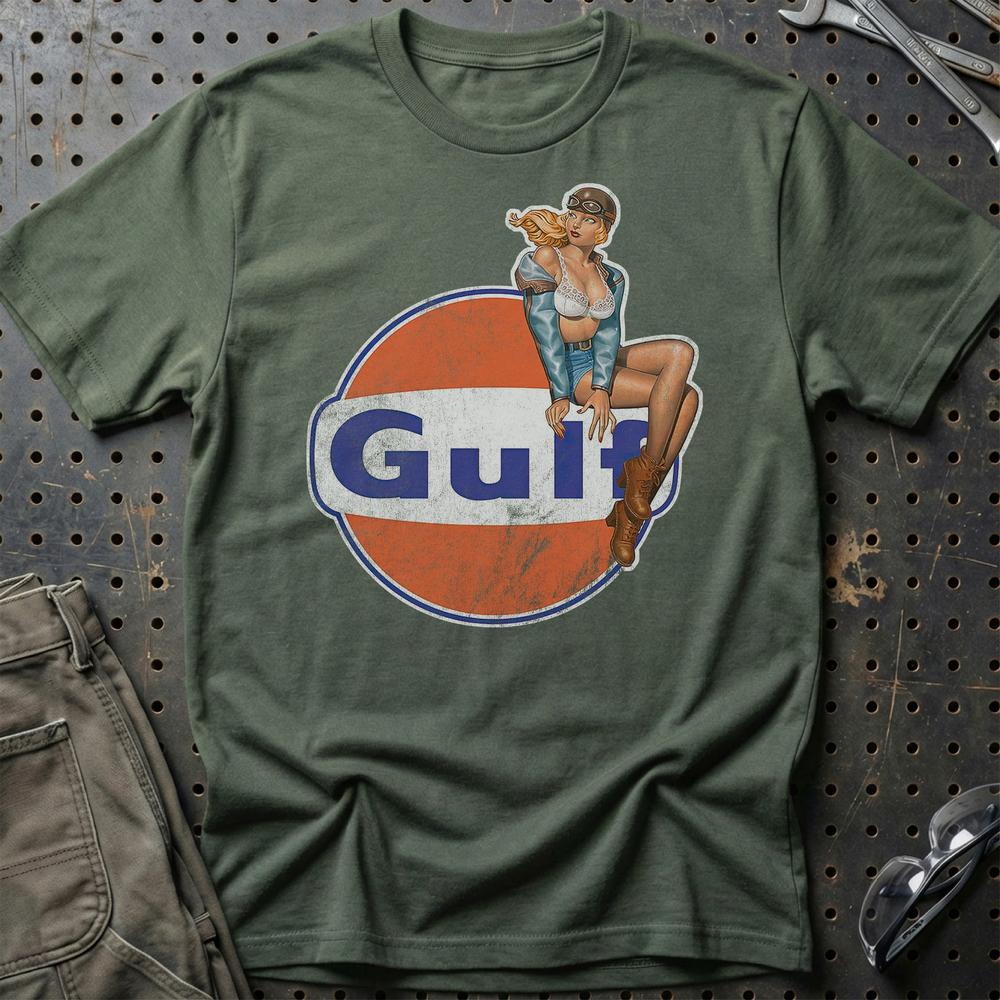 Gulf Pinup - Unisex T-Shirt , Bomuld-Beklædning-Motoroil-Grøn Militær-S-Garage Culture Shop- garage - man cave - merchandise