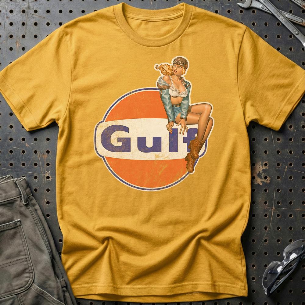 Gulf Pinup - Unisex T-Shirt , Bomuld-Beklædning-Motoroil-Guld-S-Garage Culture Shop- garage - man cave - merchandise