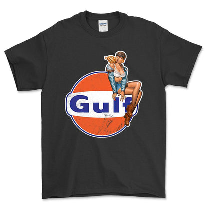 Gulf Pinup - Unisex T-Shirt , Bomuld-Beklædning-Motoroil-Sort-S-Forside-Garage Culture Shop- garage - man cave - merchandise