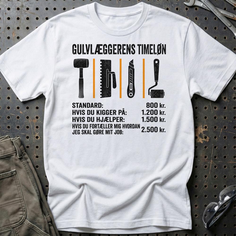 Gulvlæggerens Timeløn - Unisex T-Shirt , Bomuld-Beklædning-Garage Culture-Hvid-S-Garage Culture Shop- garage - man cave - merchandise