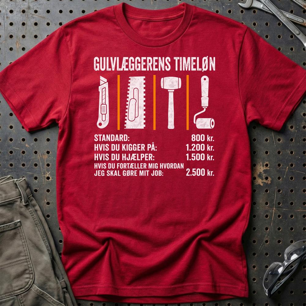 Gulvlæggerens Timeløn - Unisex T-Shirt , Bomuld-Beklædning-Garage Culture-Rød-S-Garage Culture Shop- garage - man cave - merchandise