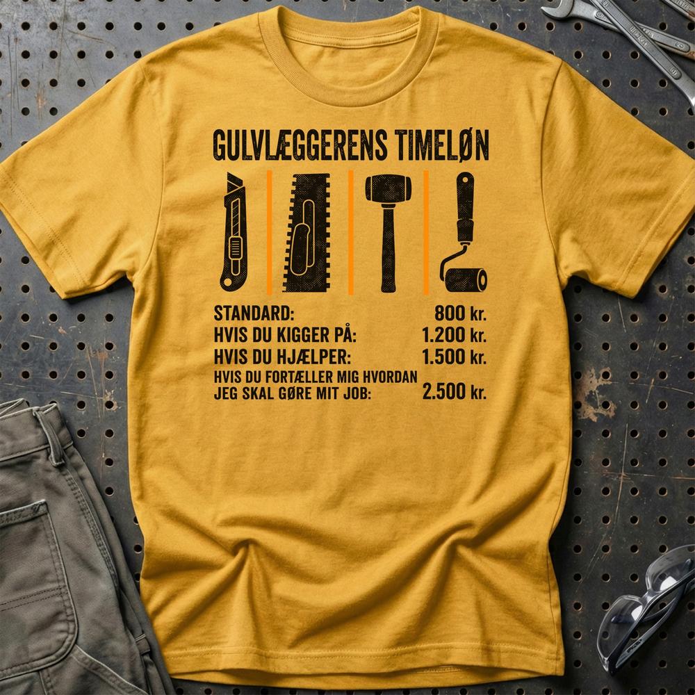 Gulvlæggerens Timeløn - Unisex T-Shirt , Bomuld-Beklædning-Garage Culture-Guld-S-Garage Culture Shop- garage - man cave - merchandise