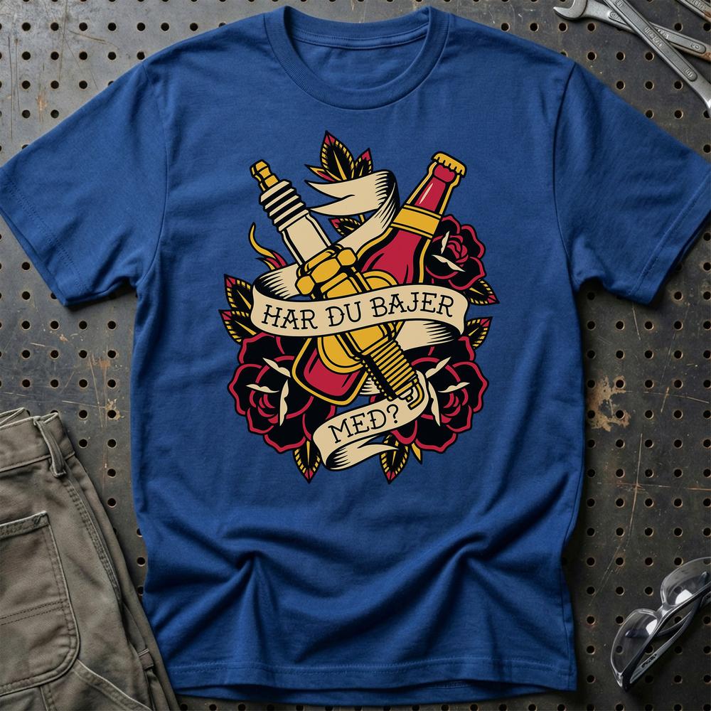 Har Du Bajer Med? Mekaniker Tattoo - Unisex T-Shirt , Bomuld-Beklædning-Garage Culture-Blå Royal-S-Garage Culture Shop- garage - man cave - merchandise