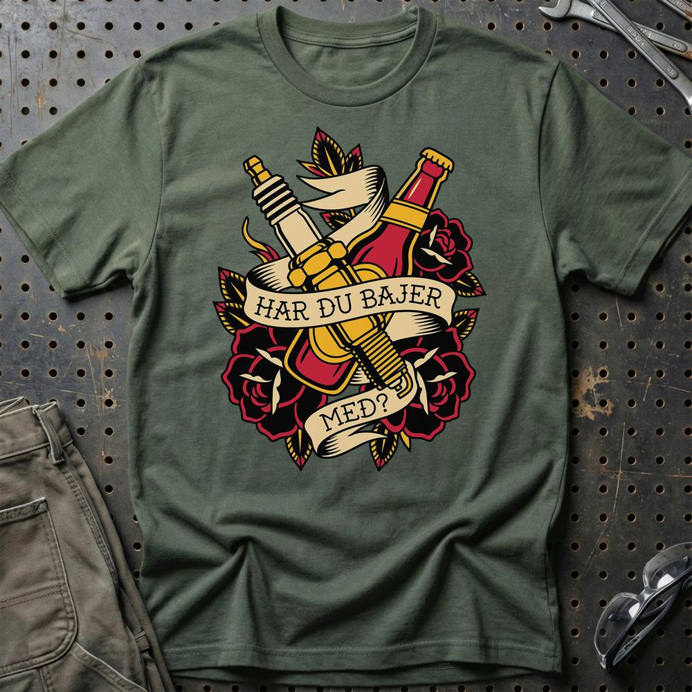 Har Du Bajer Med? Mekaniker Tattoo - Unisex T-Shirt , Bomuld-Beklædning-Garage Culture-Grøn Militær-S-Garage Culture Shop- garage - man cave - merchandise