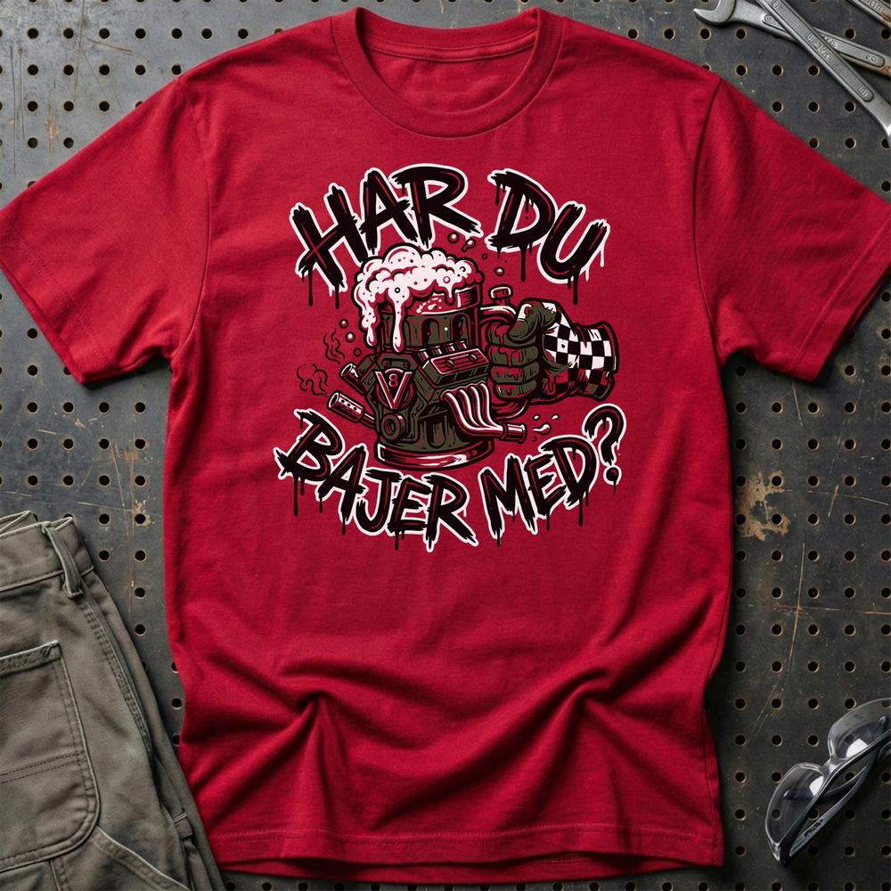 Har Du Bajer Med? V8 Motor og Øl Garage - Unisex T-Shirt , Bomuld-Beklædning-Garage Culture-Rød-S-Garage Culture Shop- garage - man cave - merchandise