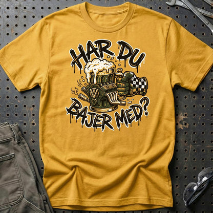 Har Du Bajer Med? V8 Motor og Øl Garage - Unisex T-Shirt , Bomuld-Beklædning-Garage Culture-Guld-S-Garage Culture Shop- garage - man cave - merchandise